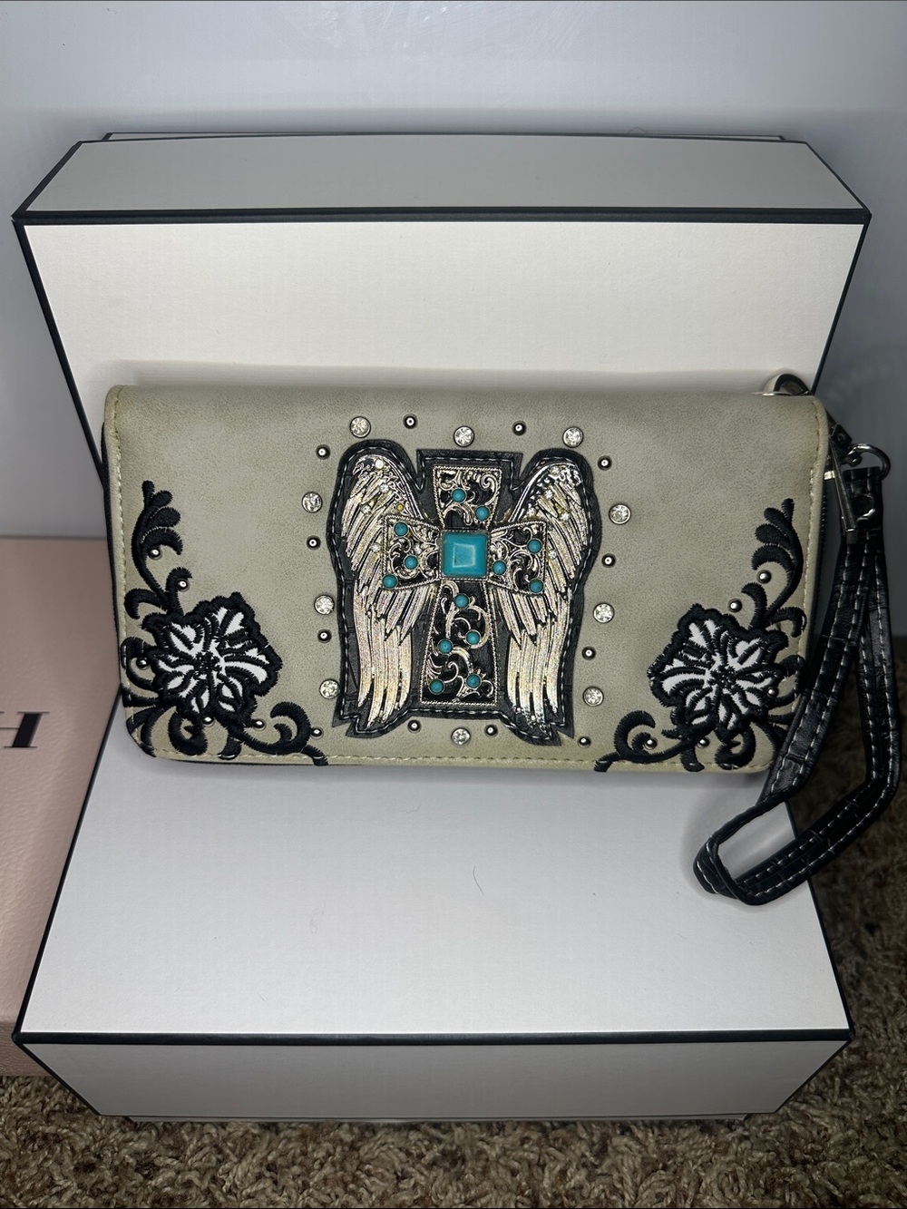 Embellished Gray Wristlet Clutch with Turquoise Accent